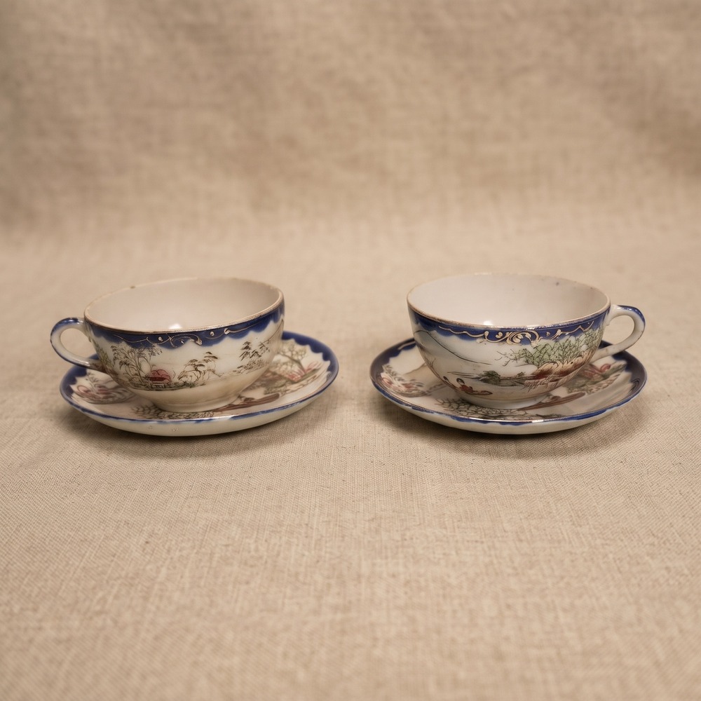 Vintage Hand Painted Japanese Eggshell Porcelain Tea Cup Saucer Set 2 Cobalt Vtg
